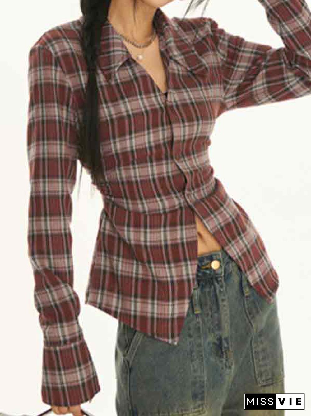 Vintage Plaid Pleated Lapel Neck Long Sleeve Shirt