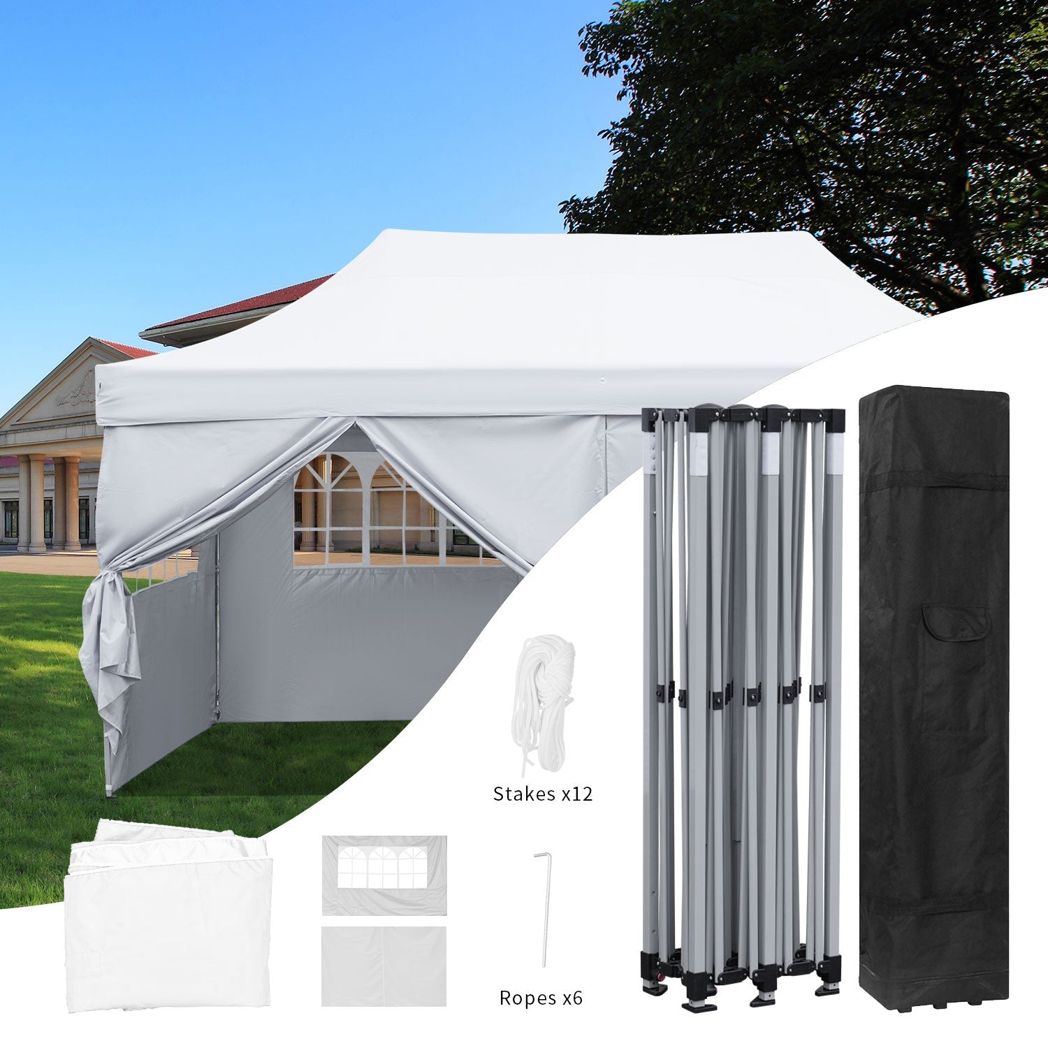 Outdoor Basic 10' x 20' Pop up Instant Canopies Tent with 6 Removable Sidewalls for Party Commercial Activity,White