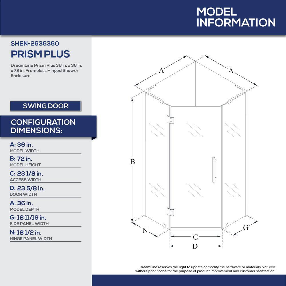 DreamLine Prism Plus 36 in. D x 36 in. W x 72 in. H Semi-Frameless Neo-Angle Hinged Shower Enclosure in Brushed Nickel Hardware SHEN-2636360-04