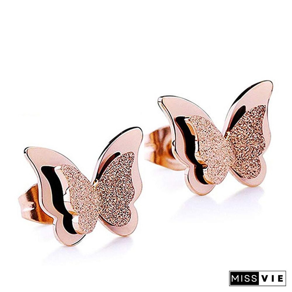 Women Fashion Cute Double Frosted Bling 3D Butterfly Rose Gold Earrings Stainless Steel Stud Earrings Jewelry Gifts
