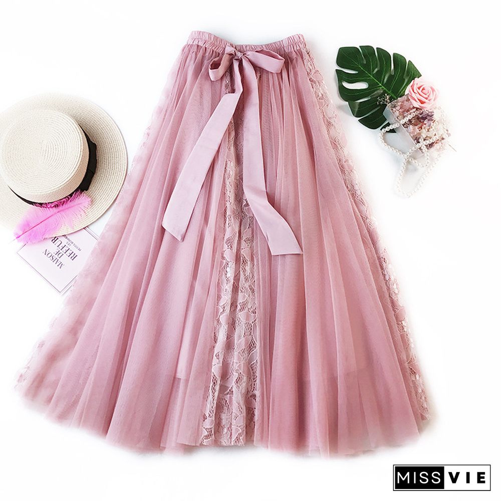 Fashion Tutu Tulle Skirt Women Long Maxi Skirt Korean Cute Bow High Waist Pleated Skirt Female School Sun Spodnica