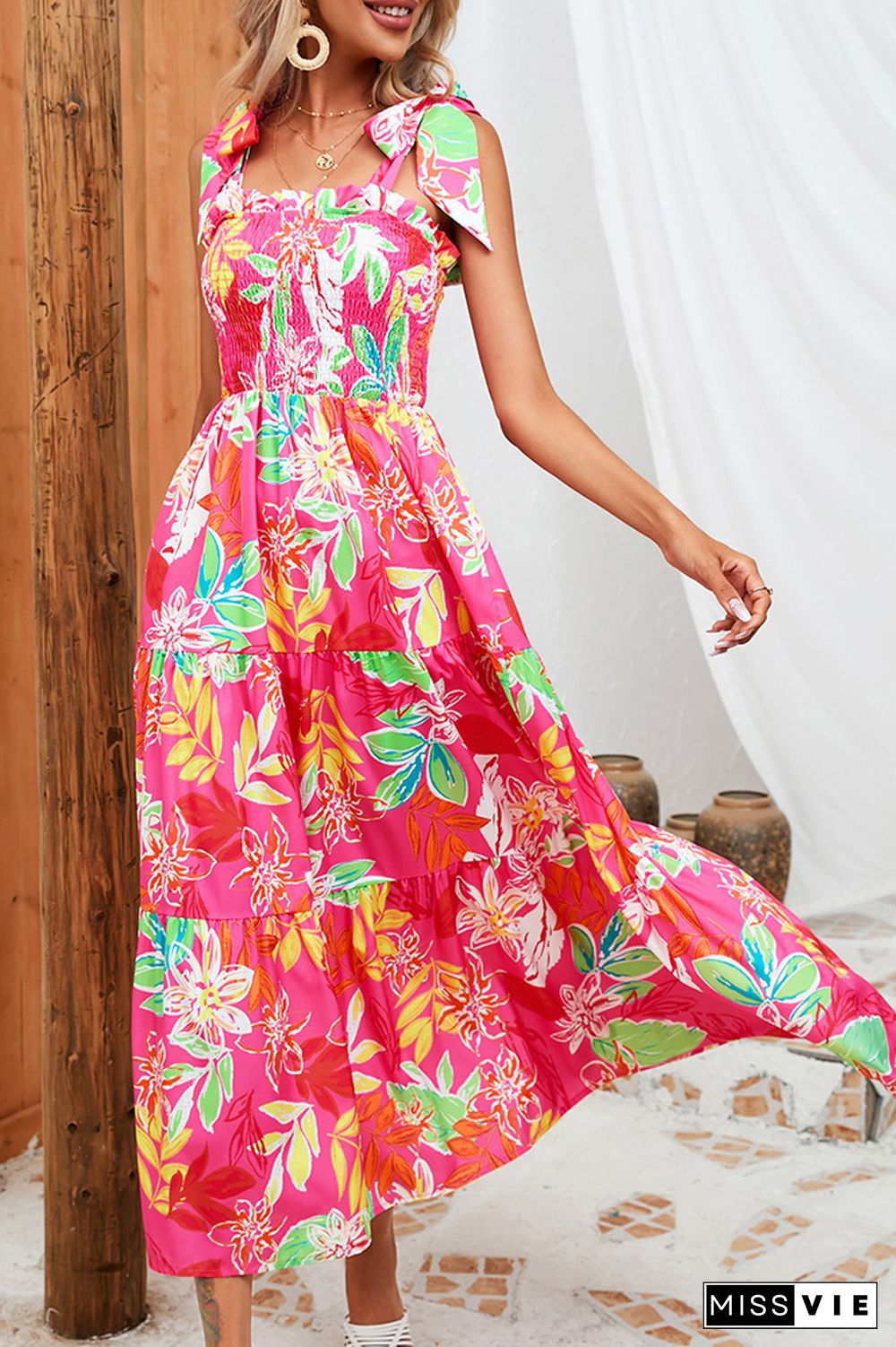 Smocked Tie Strap Tiered Floral Maxi Dress