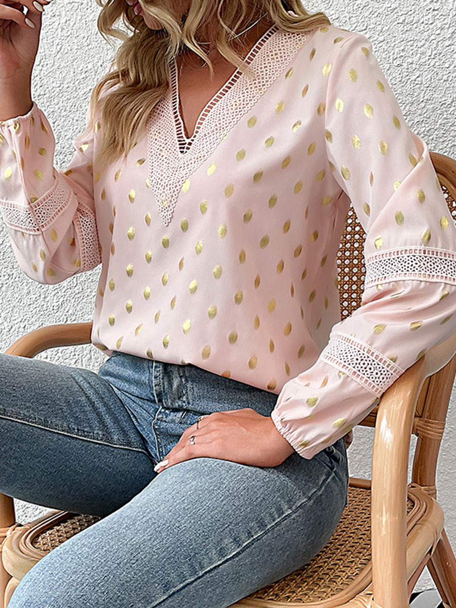 V-neck Lace Casual Loose Bronzing Polka Dot Long-sleeved Blouse