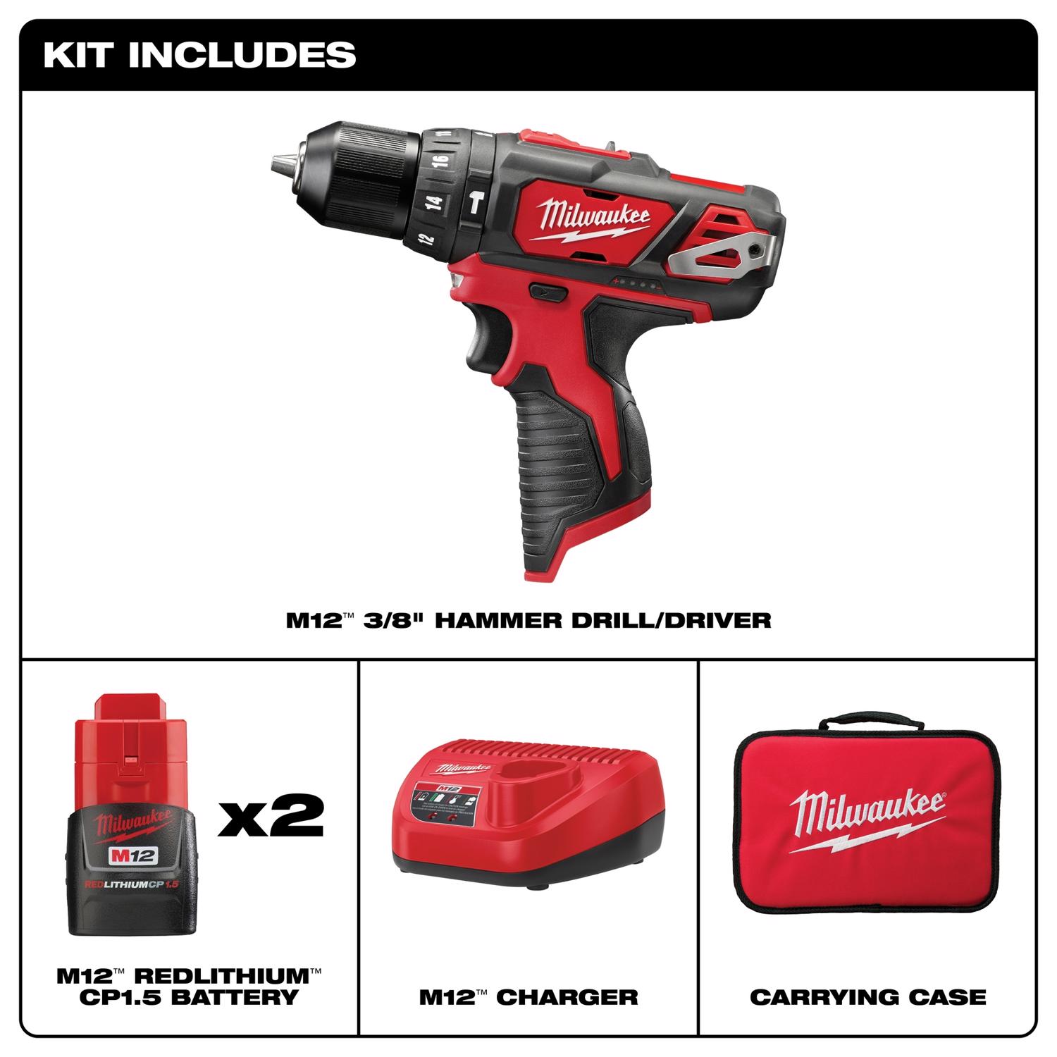 MW M12 12 V 3/8 in. Brushed Cordless Hammer Drill Kit (Battery \u0026 Charger)