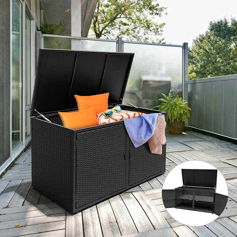 88 Gallon Patio Wicker Storage Box Rattan Deck Bench with Openable Door