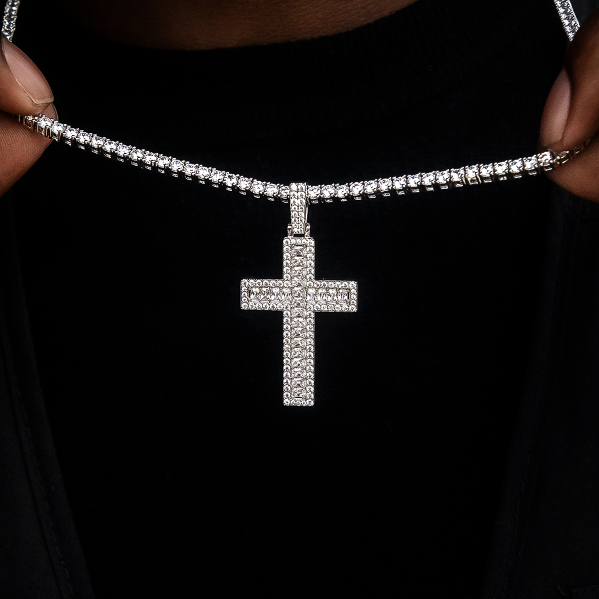 Diamond Baguette Cross Pendant in White Gold