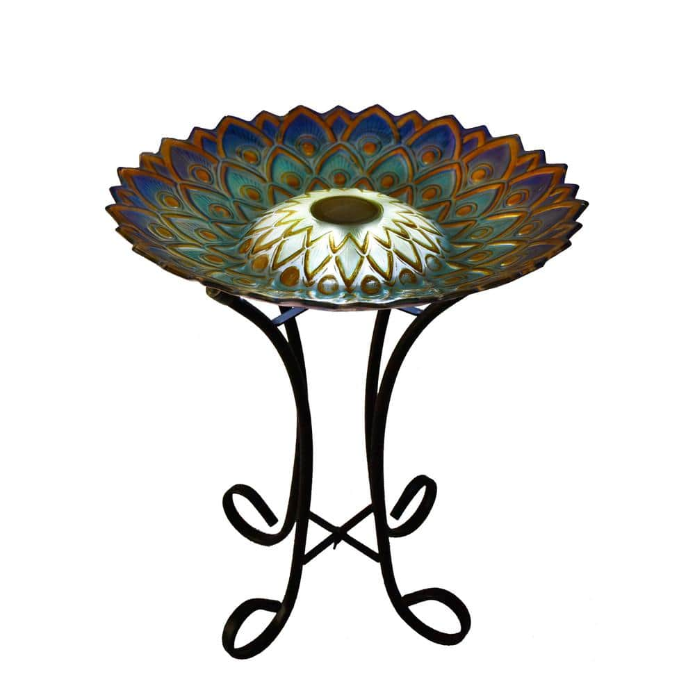 HI-LINE GIFT LTD. 18 in. Solar Peacock Blue Geometric Glass Bird Bath with Stand 78415-R