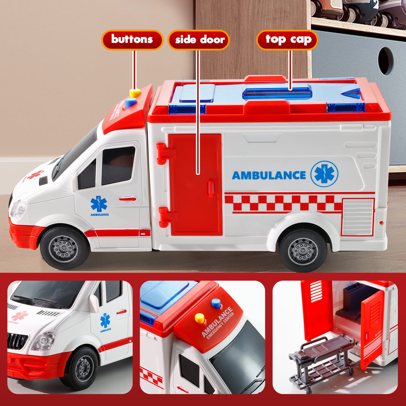 NETNEW Ambulance Toy Car with Light and Siren Sound Effects - Friction Powered Wheels and LED Lights Toys for Boys 3-6 Years