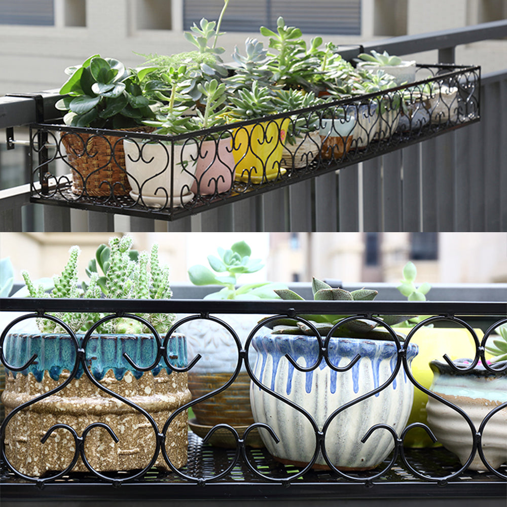 Iron -ing Flower Railing Shelf Basket with Hooks Balcony Planter Pots Stand Holder for Outside 1-Tier