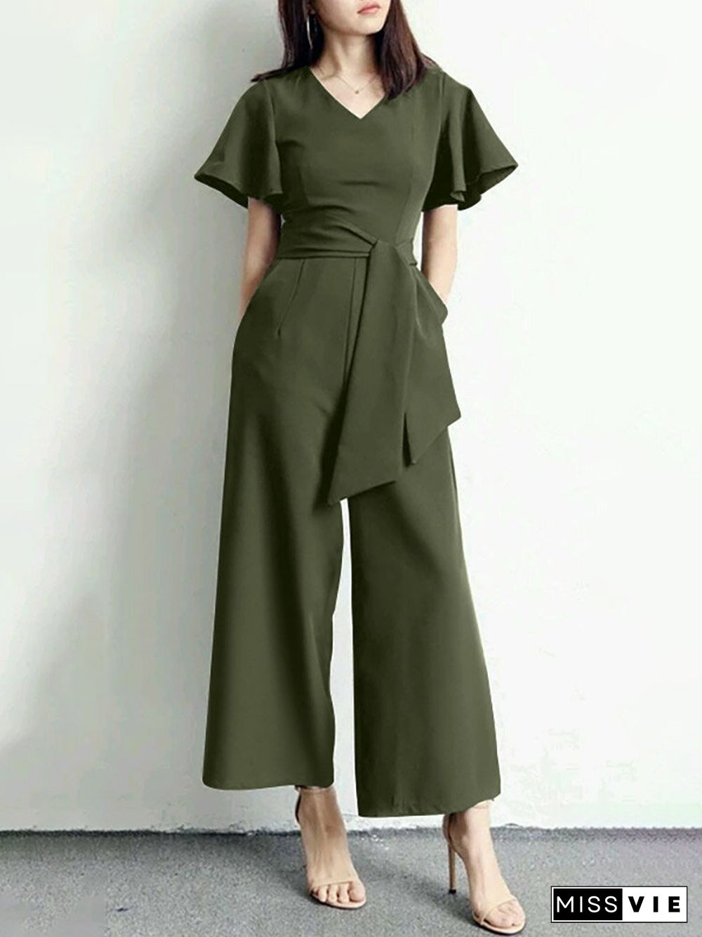 Solid Belt Pocket High Waist Ruffle Sleeve Wide Leg Jumpsuit