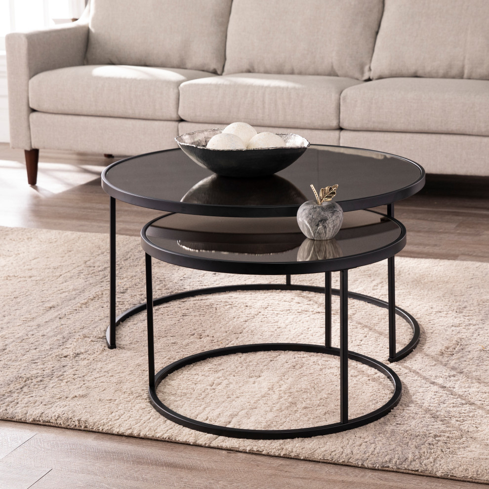 Donabbey Round Nestng Cocktail Tables 2pc Set  Antique Mirror and Black   Transitional   Coffee Table Sets   by SEI  Houzz