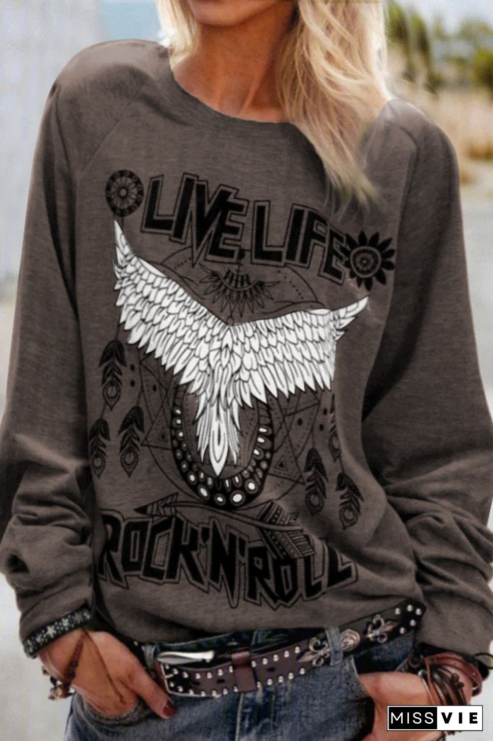 Letter Eagle Print Long Sleeve Top T-Shirt