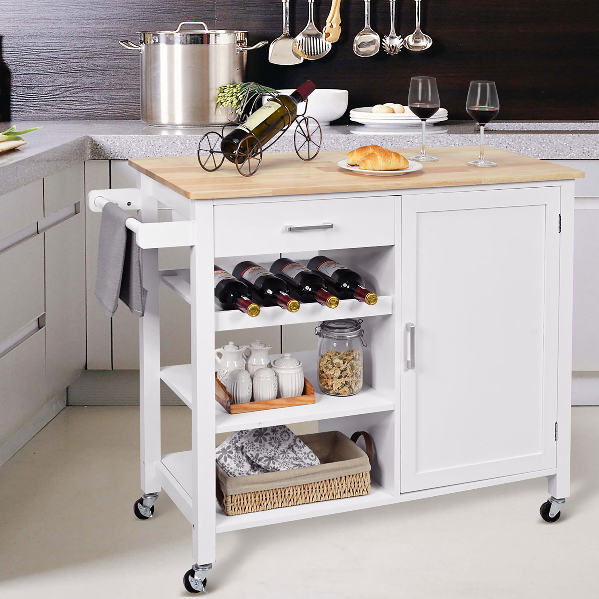 Costway 4-Tier Wood Kitchen Island Trolley Cart Storage Cabinet w/ Wine Rack White