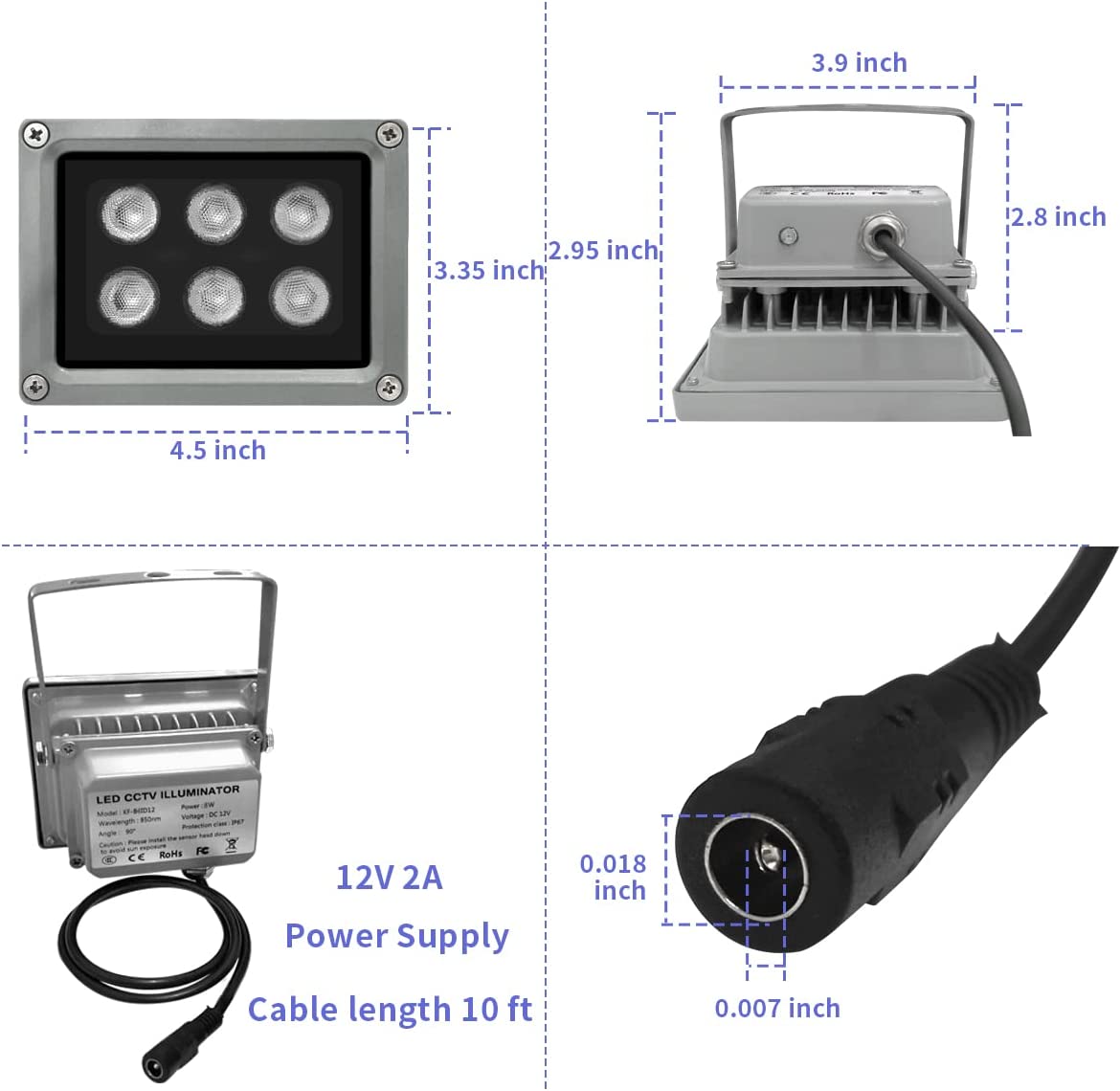 90º 80FT 850nm 6-LED IR Illuminator， IR Lights for Security Cameras Long Range Infrared Light Outdoor Infrared Illuminator for CCTV IP Camera