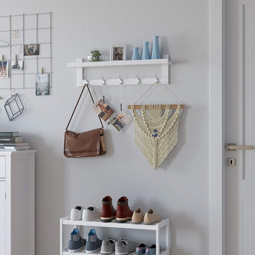 Bamboo Entryway Wall Shelf with 5 Dual Metal Hooks