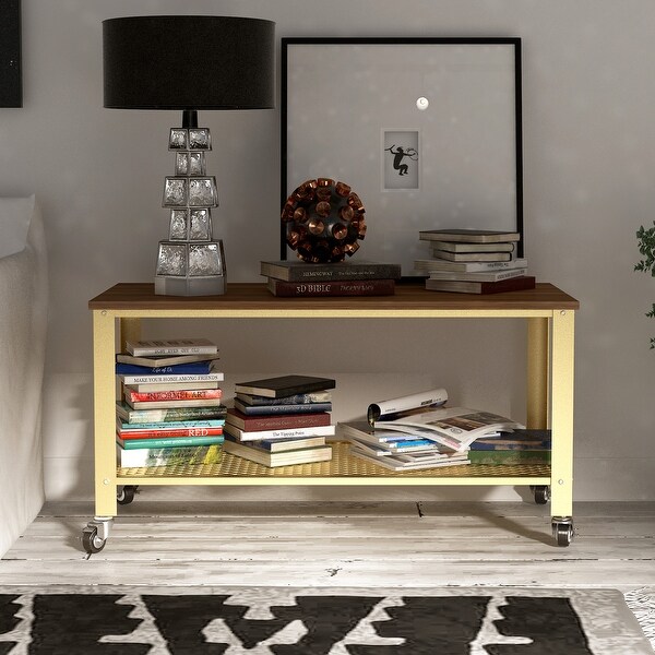 Natural Style Coffee Table with Golden Base and 4 Wheels at the Bottom for Living Room Bedroom