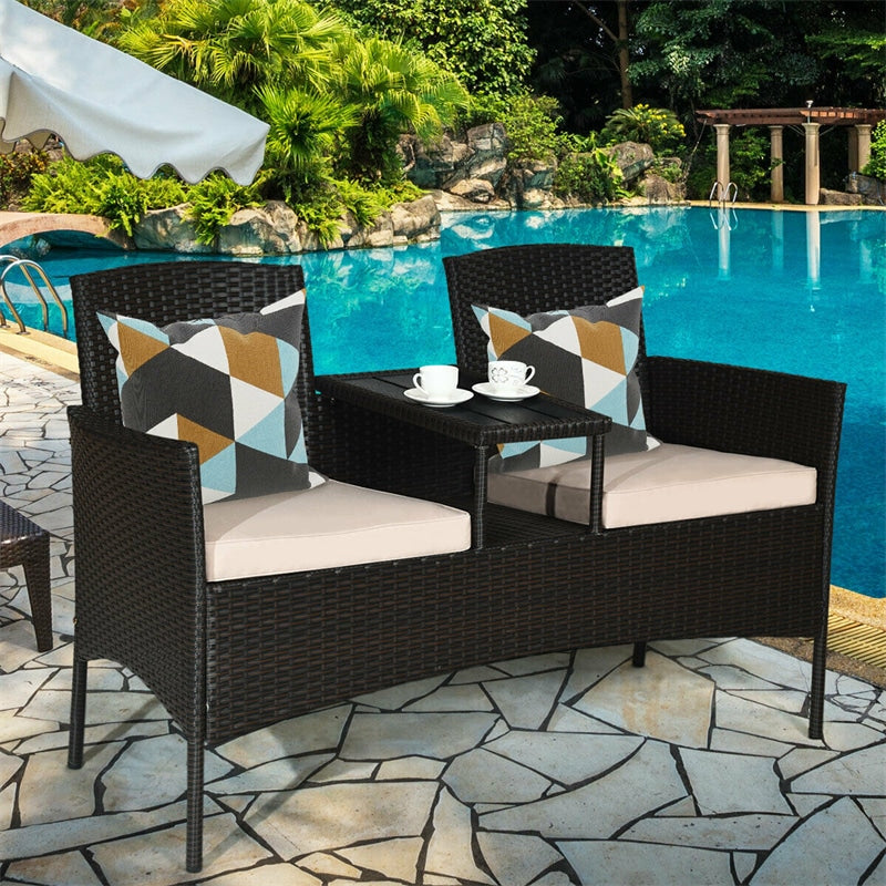 Rattan Outdoor Loveseat Bistro Set with Built-in Coffee Table & Cushions, Wicker Patio Conversation Set