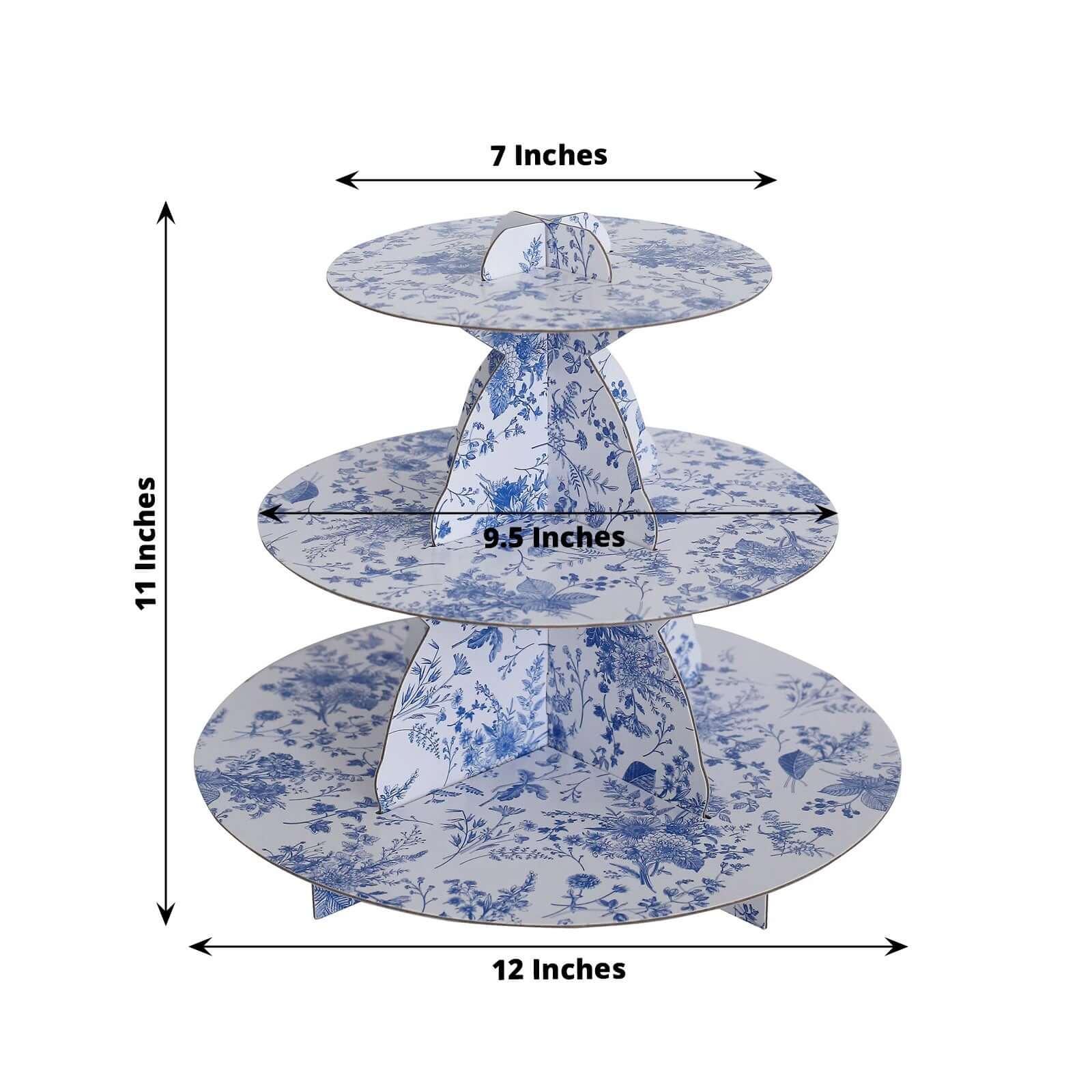 3-Tier White Blue Cardboard Cupcake Stand with French Toile Floral Pattern, Tea Party Dessert Display Stand Round Serving Platter - 11