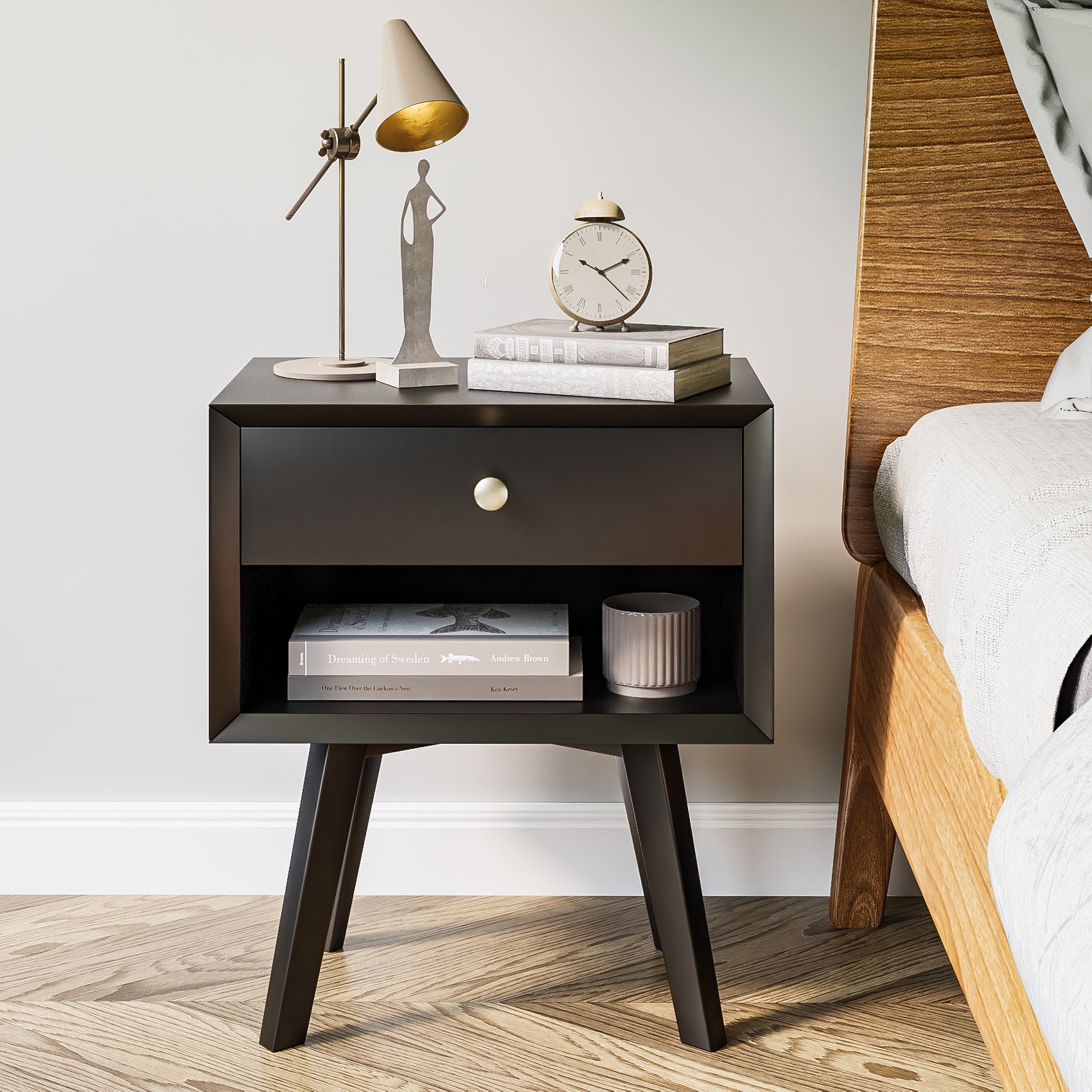 Semiocthome Black Matte Vintage Diana 1 Drawer Nightstand 23