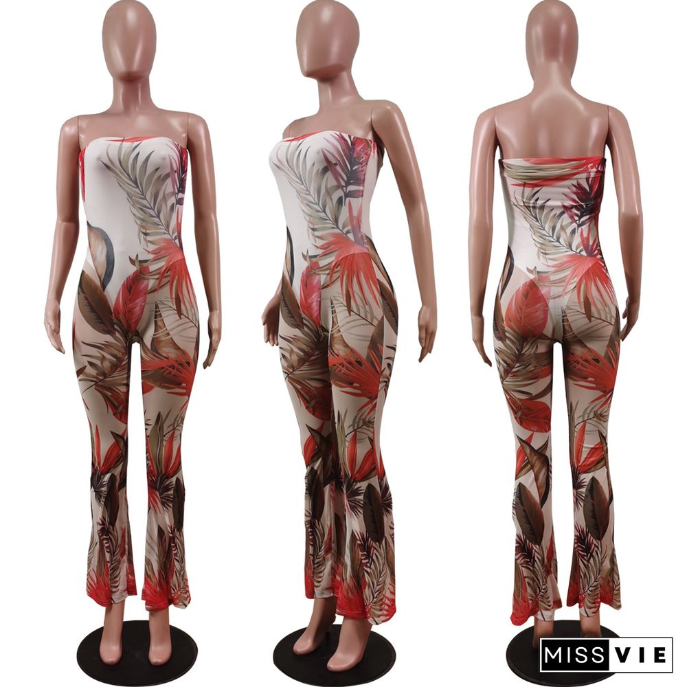 Fashion Sexy Wrap Chest Mesh Gauze Print Jumpsuit