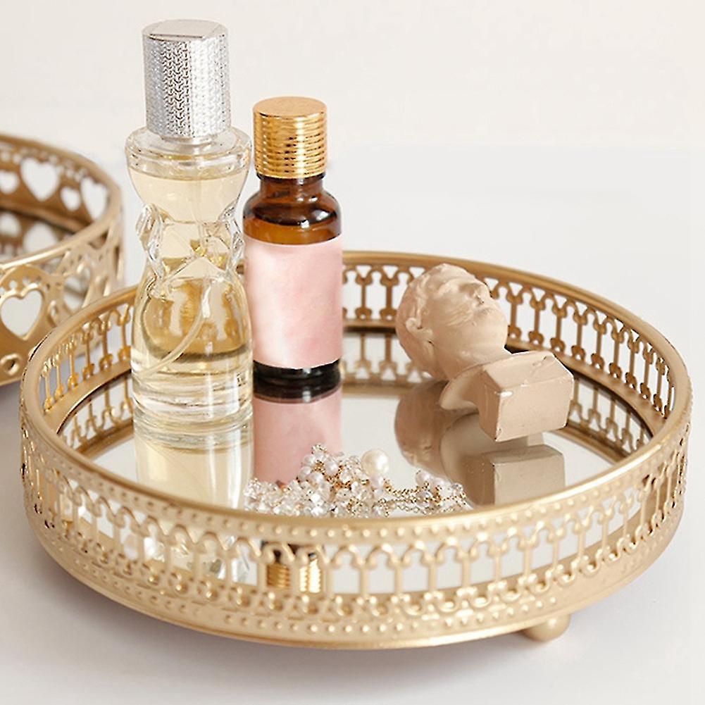 2x Golden Iron Jewelry Storage Tray Glass Mirror Makeup Manager Desktop Cosmetic Dessert Decorative