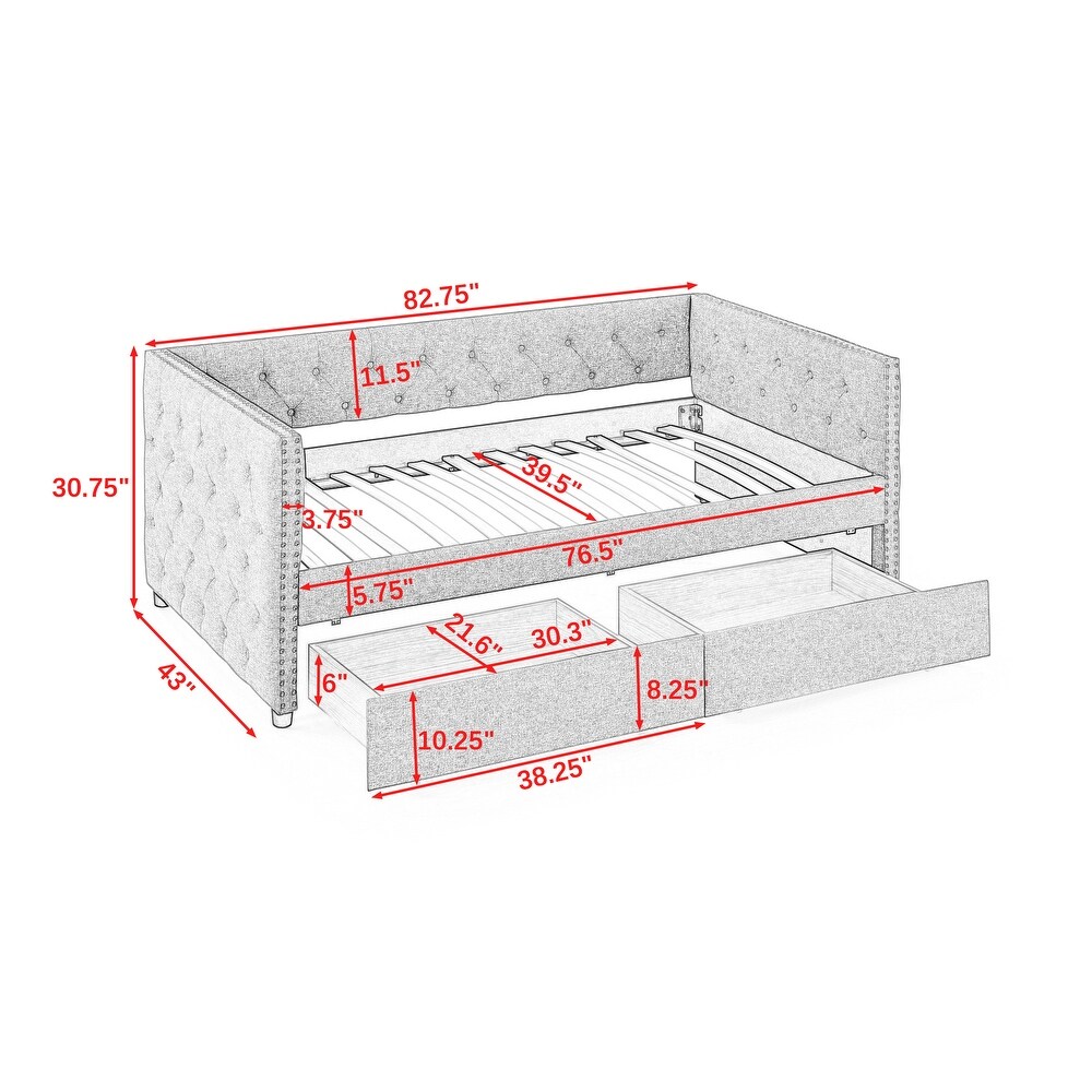 Upholstered Twin Size Daybed with Two Drawers