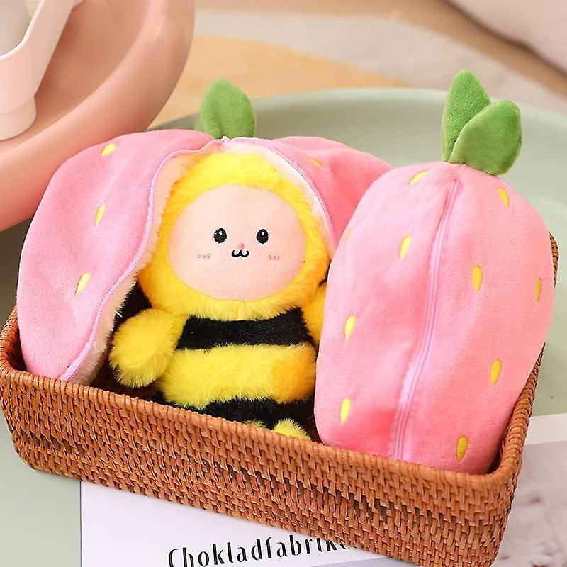 Bee Stuffed Animal Plush， Reversible Strawberry Turn Into Bee Ears Zip Plush Toy， A Strawberry For Baby and Adult Gift (11.8inch)