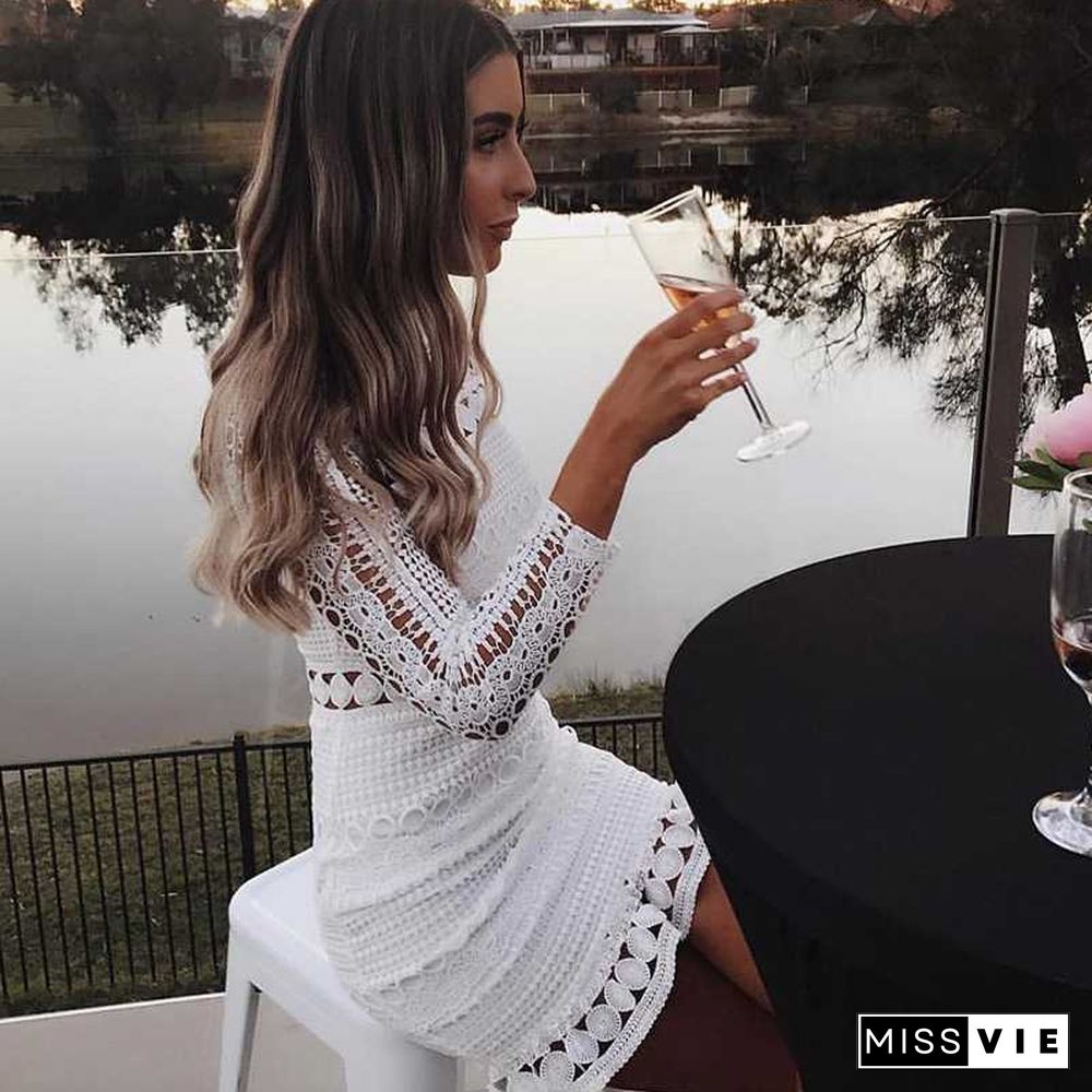 Bohemian long sleeve turtle neck white lace dress