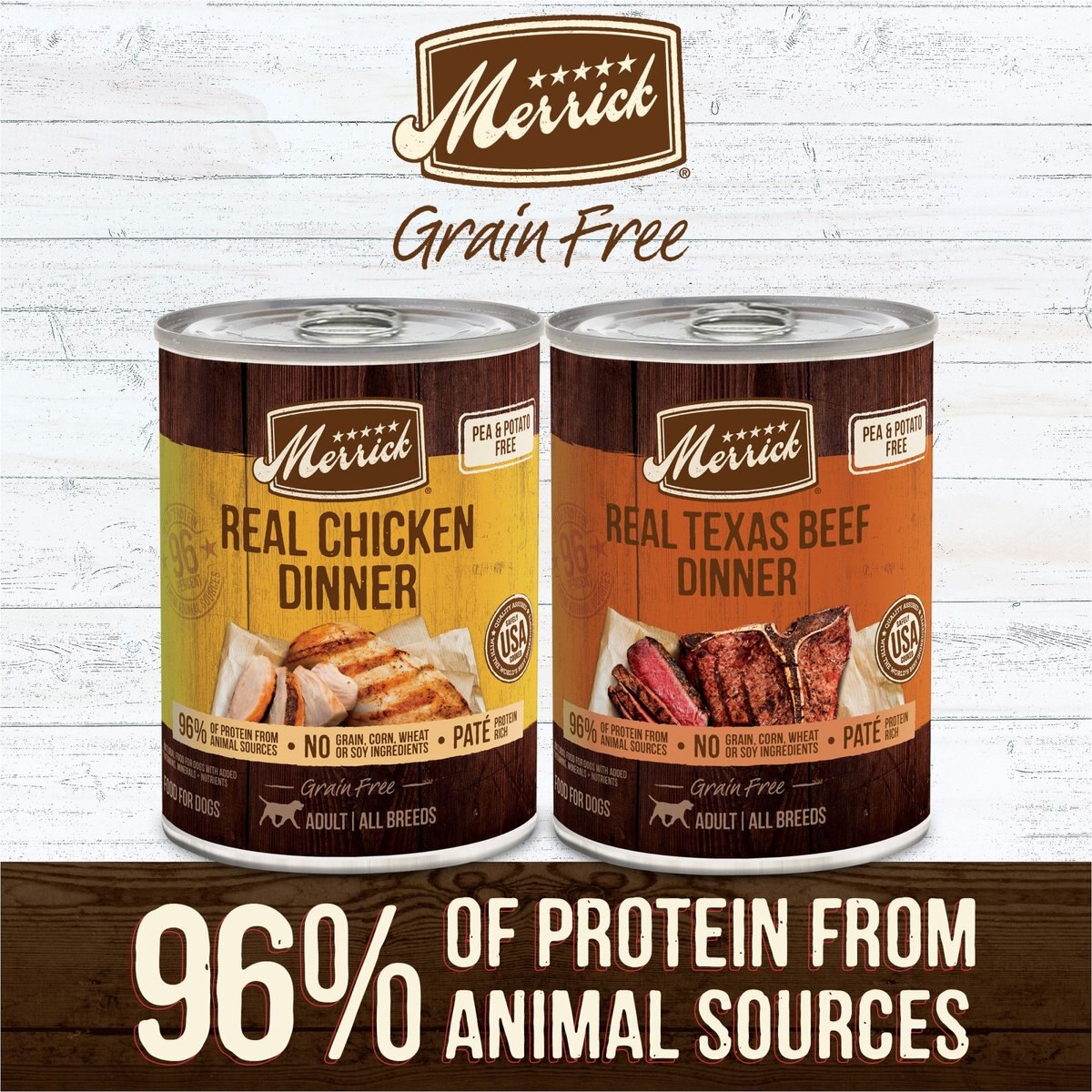 Merrick Grain-Free Real Texas Beef and Chicken Dinner Variety Pack Wet Dog Food， 12.7-oz can， case of 12