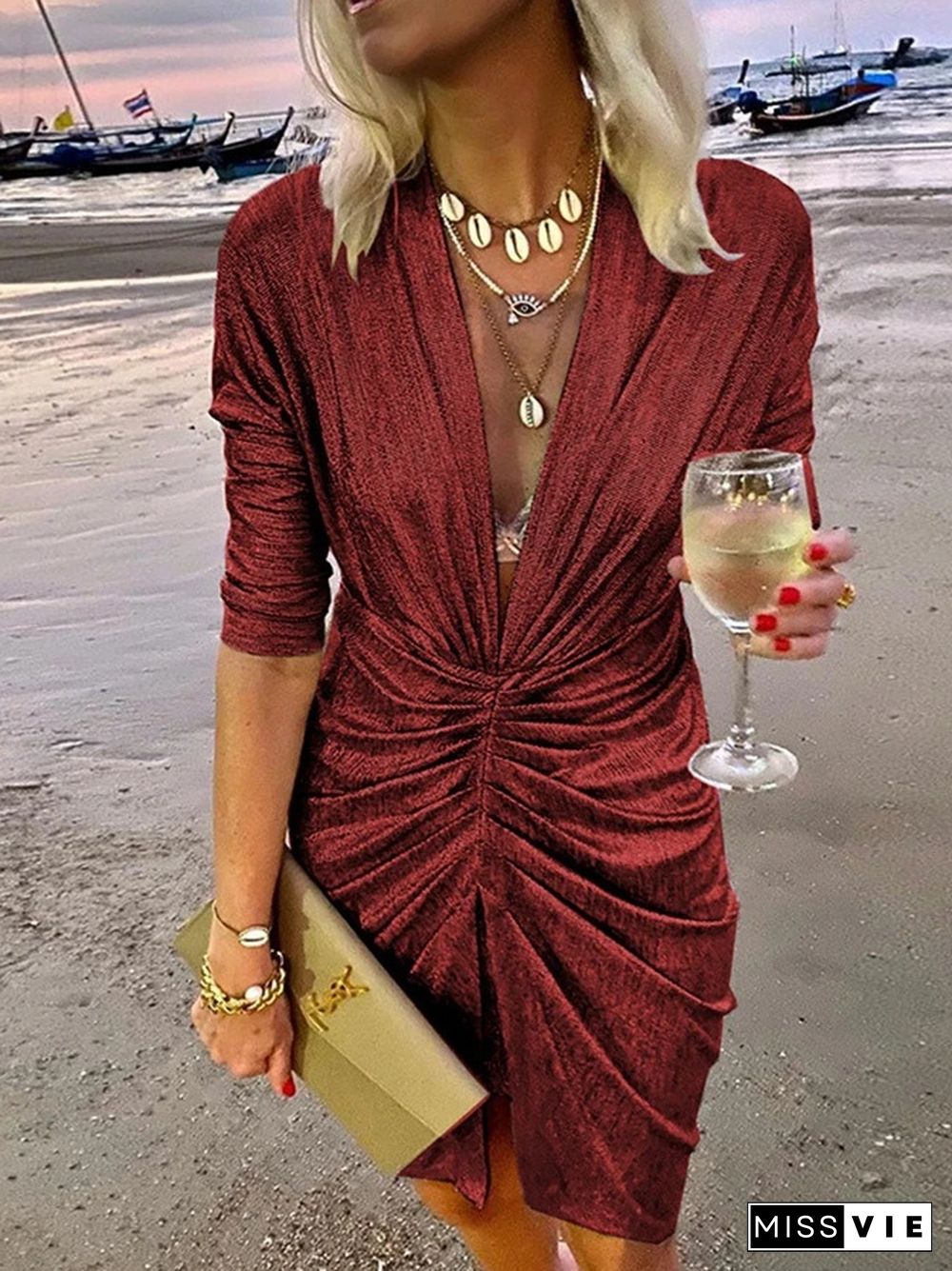 Sexy Stretch Flash Long Sleeve V-neck Nightclub Dress Evening Dress