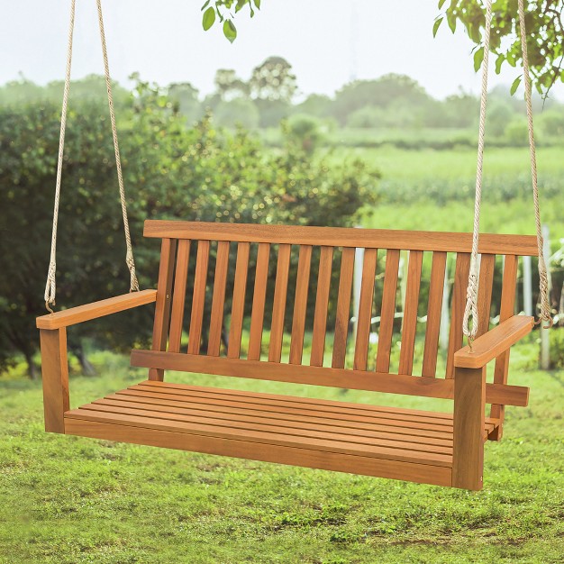 Tangkula 2 person Acacia Wood Outdoor Porch Swing Patio Hanging Bench Chair Natural