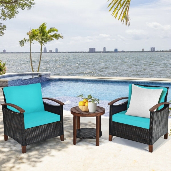 3Piece Patio Rattan Furniture Set with Solid Wood Frame