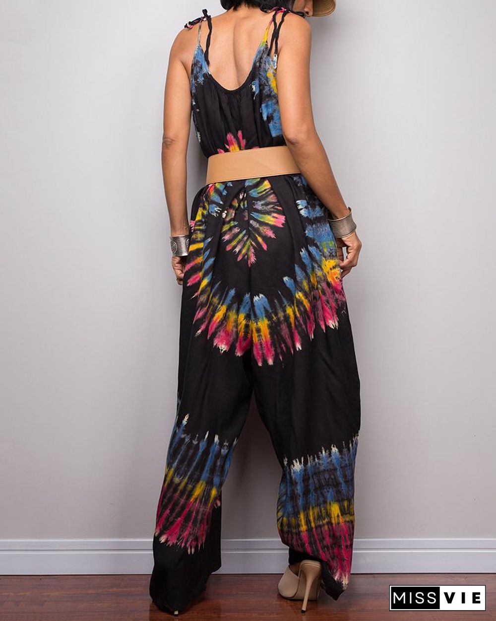 Tie-Dye Print Wide-Leg Lace-Up Loose Jumpsuit P15993