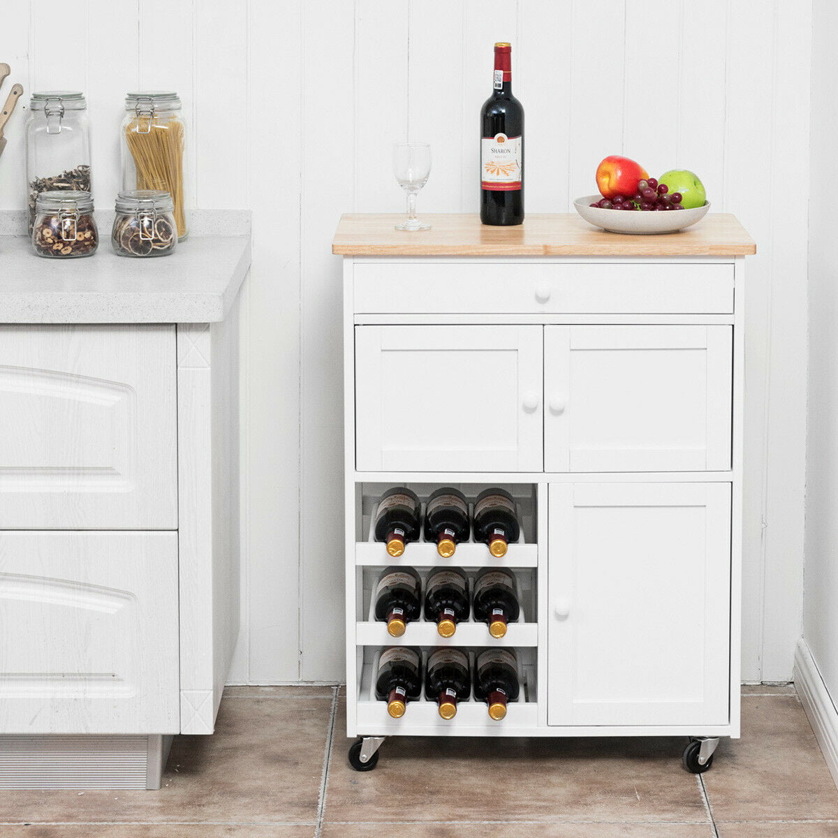 Gymax Modern Rolling Kitchen Cart Trolley Island Storage Cabinet w/DrawerandWine Rack