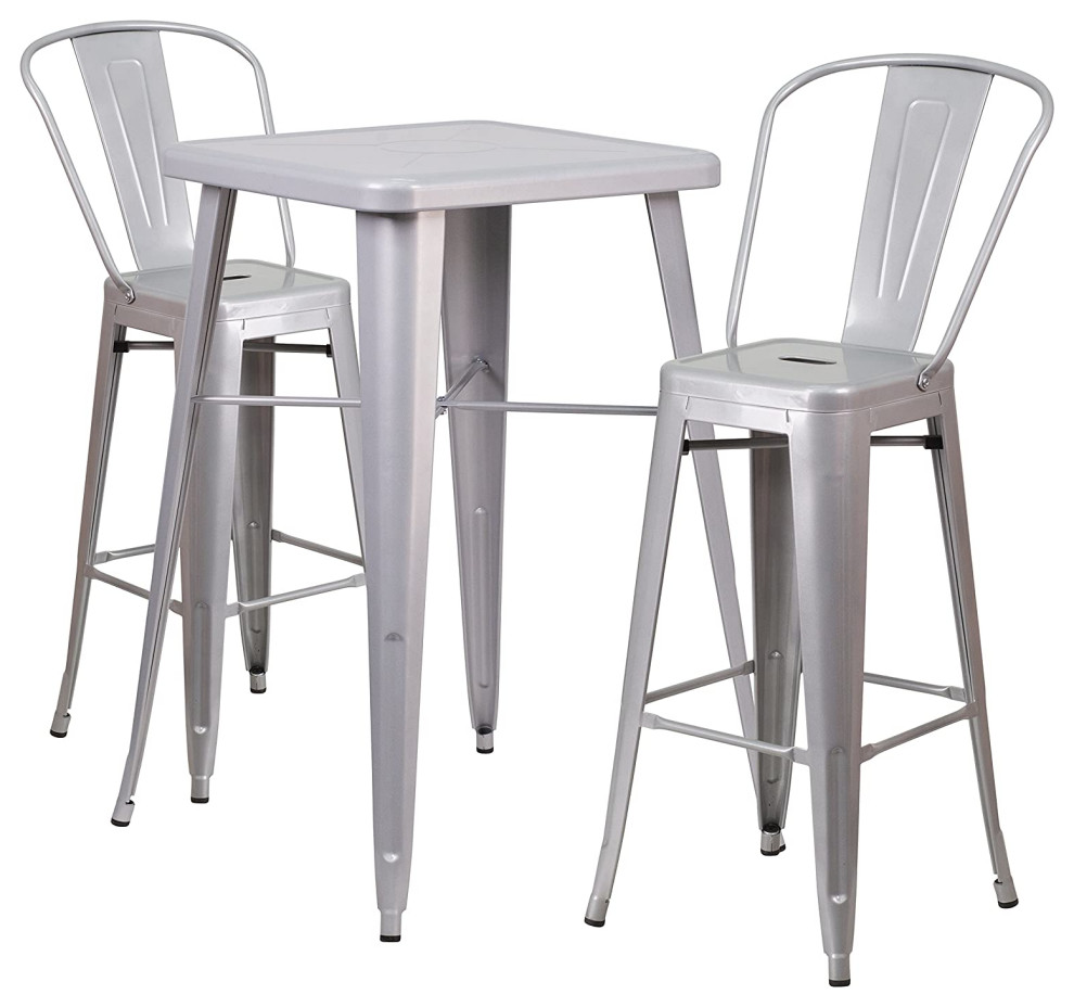 3 Pieces Patio Bistro Set  Square Table and 2 Stackable Bar Height Stools   Industrial   Outdoor Pub And Bistro Sets   by Decor Love  Houzz