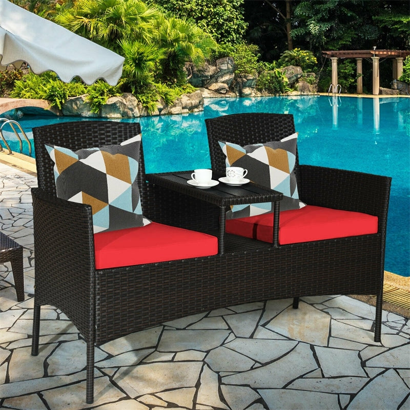 Rattan Outdoor Loveseat Bistro Set with Built-in Coffee Table & Cushions, Wicker Patio Conversation Set