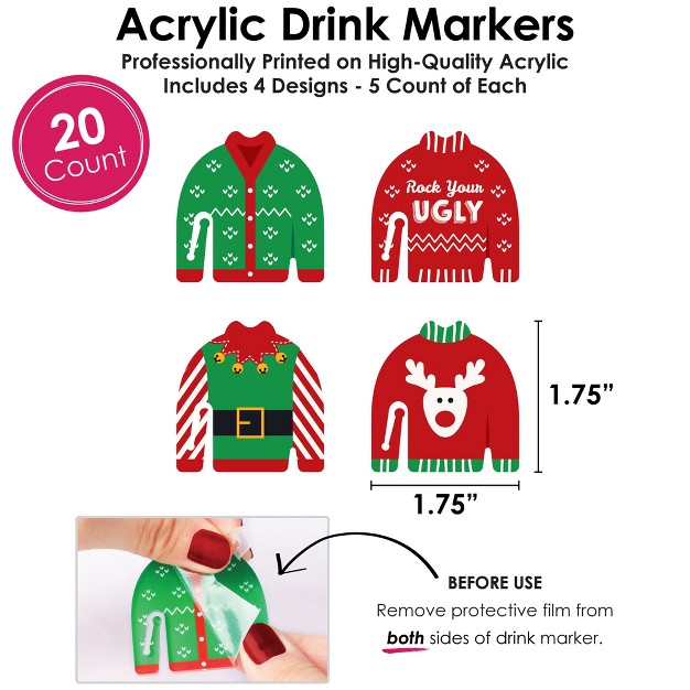 Big Dot Of Happiness Ugly Sweater Holiday And Christmas Party Wine Glass Charms Acrylic Drink Markers Set Of 20