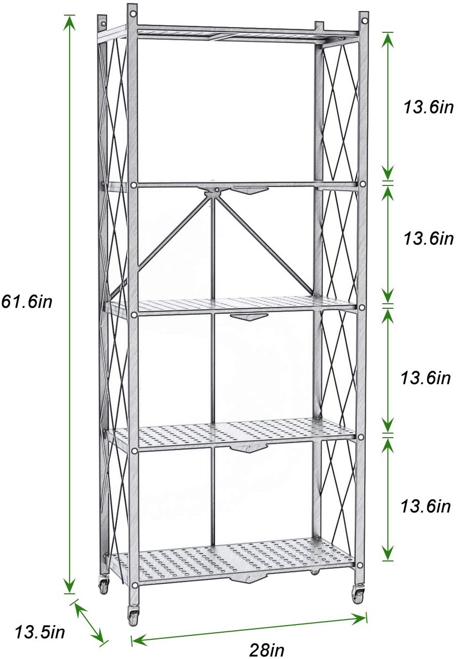 SogesPower Foldable Metal Standing Shelf 5 Tiers Storage Rack with Wheels， Easy Moving Cart， White