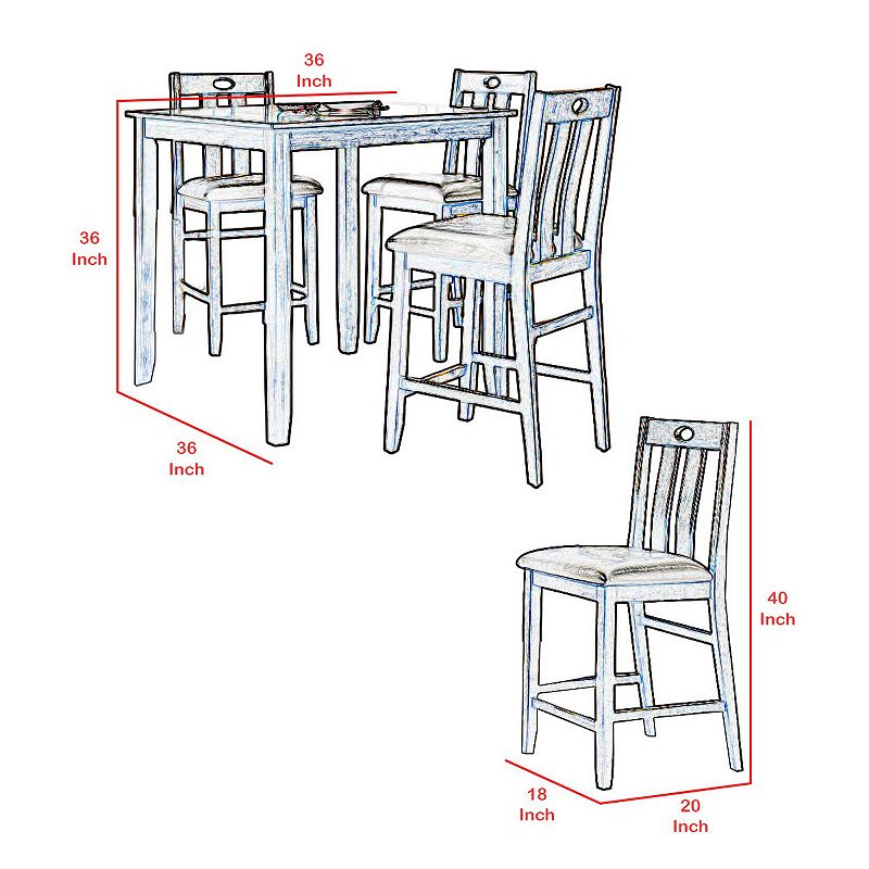 5 Piece Counter Height Wooden Dining Set with Padded Seat， Brown and Gray