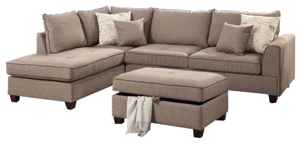 Dorris Fabric 3 Piece Sectional With Storage Ottoman  Light Brown   Transitional   Sectional Sofas   by BuyDBest  Houzz