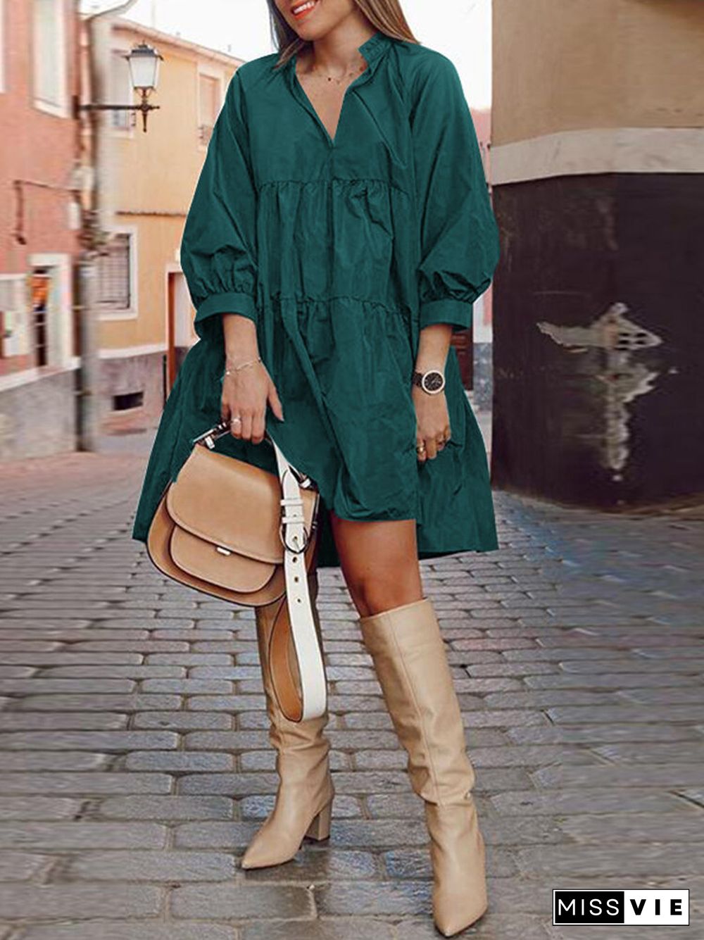 Solid Color Lapel V-neck Collar Lantern Sleeve Midi Dress