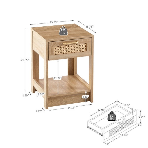 Modern Rattan End table/Side Table with 1 Drawer and 1 Open Shelf