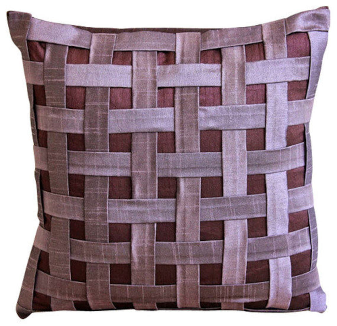 Purple Throw Pillow Cover， Contemporary Checkered Pillow Cover， 12x12 inch (30x30 cm) Pillow Cover， Art Silk Square Pillow， Textured Basket Weave - Purple N Plum Basket Weave