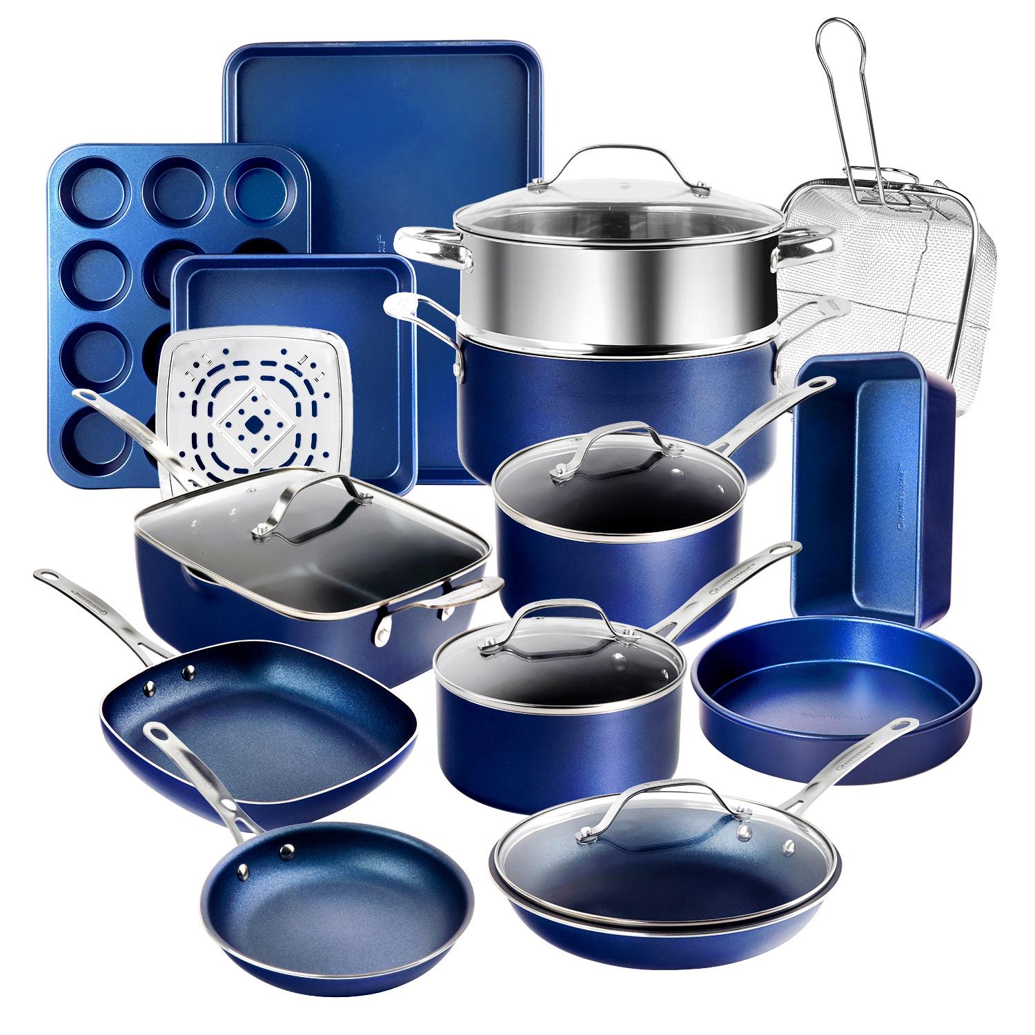 Granite Stone Blue 20 Piece Pots and Pans Set， Nonstick Cookware and Bakeware Set