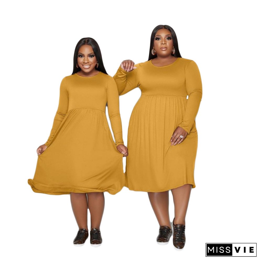 Solid Color Long Sleeve A Line Plus Size Dresses