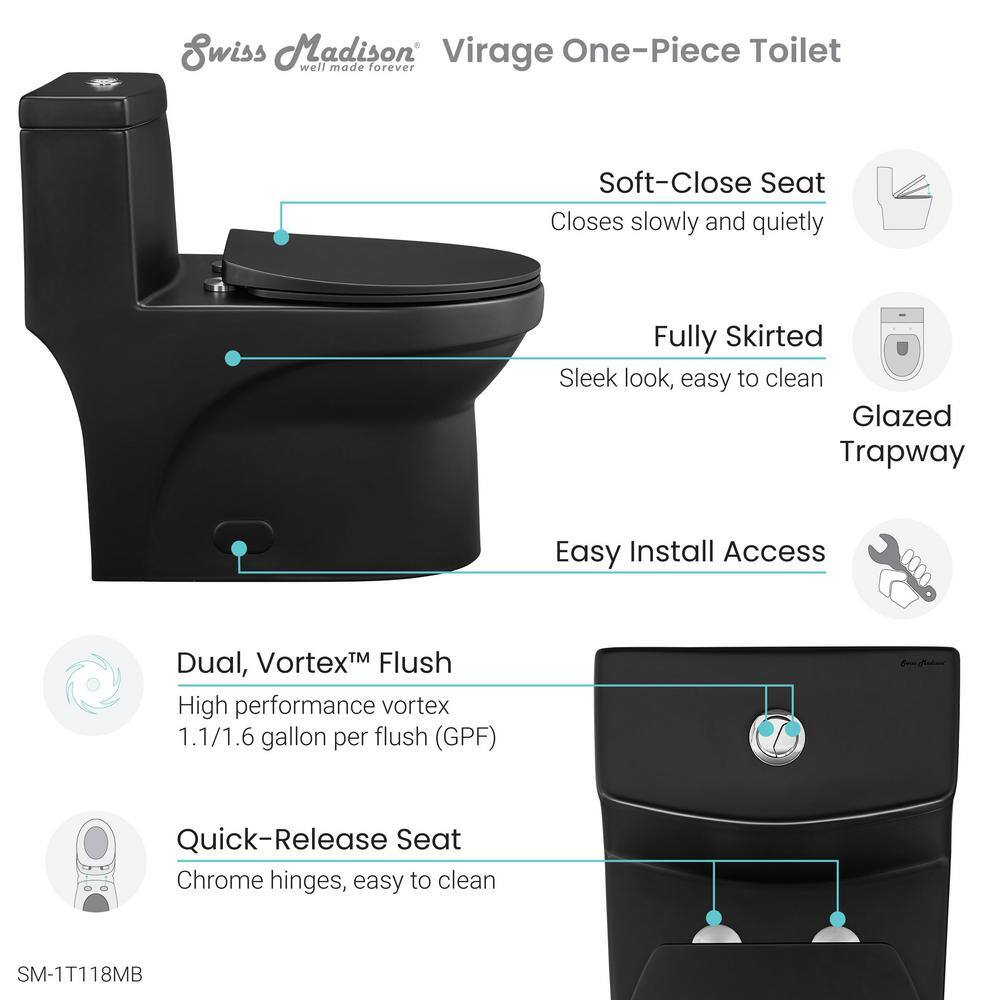 Swiss Madison Virage 1-piece 1.11.6 GPF Dual Flush Elongated Toilet in Matte Black Seat Included SM-1T118MB