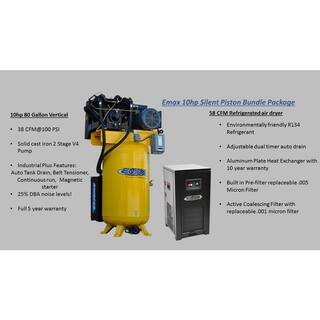 EMAX Industrial Plus 80 Gal. 10 HP 1-Phase 2-Stage Silent Air Electric Pressure Lube Air Compressor with 58 CFM Dryer Bundle HSP10V080V1PK