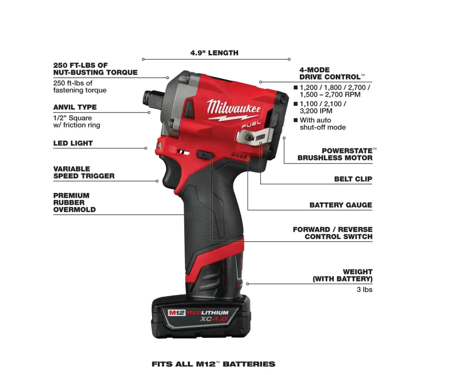 Milwaukee 2555-22-2364-20 M12 FUEL 12V Li-Ion Cordless Stubby 1/2 in. Impact Wrench Kit with M12 1000 Lumens Rover LED Compact Flood Light