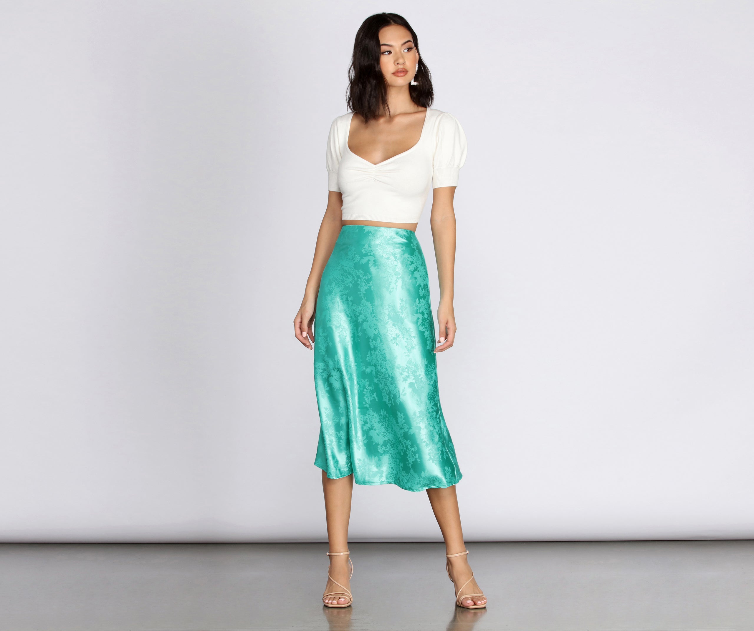 Embossed Floral Print Satin Midi Skirt