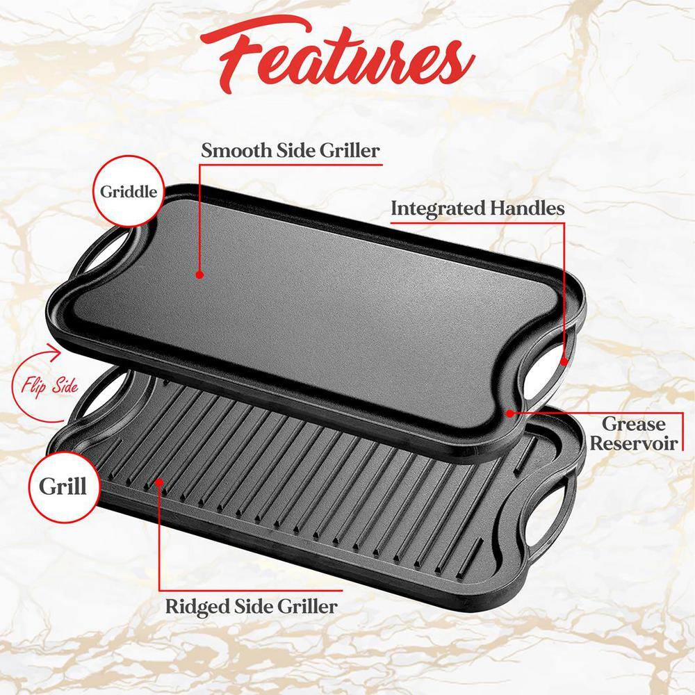 NutriChef 19.96 in. Kitchen Flat Grill Plate Pan Reversible Cast Iron Griddle Classic Flat Grill Pan Design with Scraper NCCIRG64